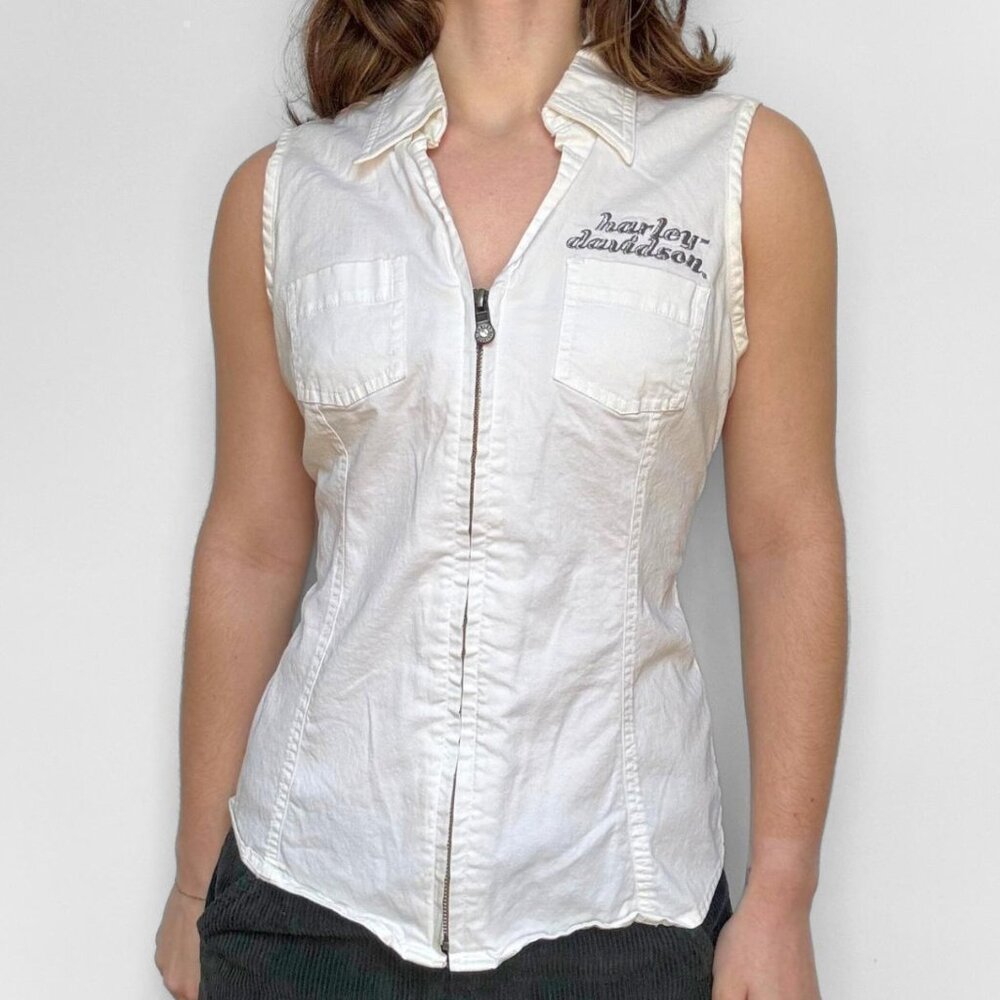Harley Davidson Women's XL White‎ Silver Vintage Y2K Zip Up Collared Vest Biker